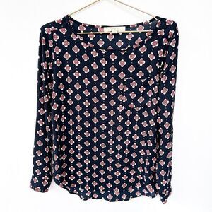 Ann Taylor Navy Blue Long Sleeve Clover Print Shirt Blouse Small